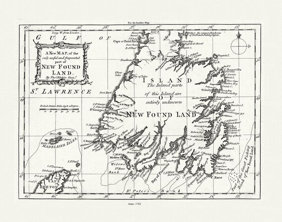 Kitchin, A new map of the only useful and frequented part of New Found Land, 1762 , map on heavy cotton canvas, 22x27" approx.