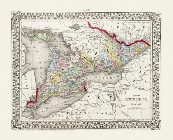 Mitchell, Map of Ontario in Counties, 1874, map on heavy cotton canvas, 22x27" approx.