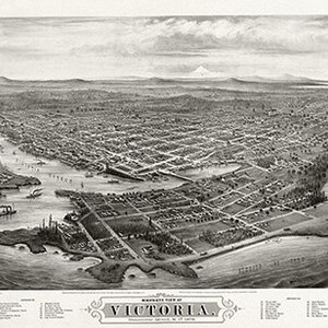 Vogelperspektive von Victoria, Vancouver Island, B.C., 1878, auf schwerer Baumwollleinwand, ca. 22x27" ca.