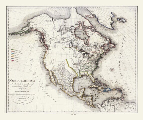 Liechtenstern et Hartl, Nord America, 1805 , map on heavy cotton canvas, 22x27" approx.