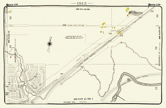 Plate 120, Toronto Uptown East, Leaside Station, 1913, map on heavy cotton canvas, 20 x 30" or 50 x 75cm. approx.