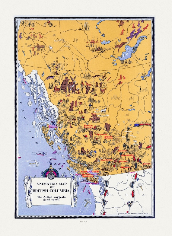 An Animated Map of British Columbia, 1929, on heavy cotton canvas, 22x27"approx.