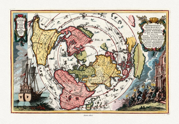 Navis Dicta duce Magellane Prima Circuvecia per Orbem, Terrarum Orbis, 1607 (Polar Arctic),map on heavy cotton canvas, 22x27" approx.