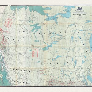 Map showing Mounted Police stations in North-Western Canada, 1904 , map on heavy cotton canvas, 22x27" approx.