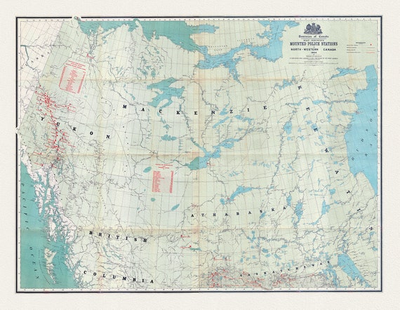 Map showing Mounted Police stations in North-Western Canada, 1904 , map on heavy cotton canvas, 22x27" approx.