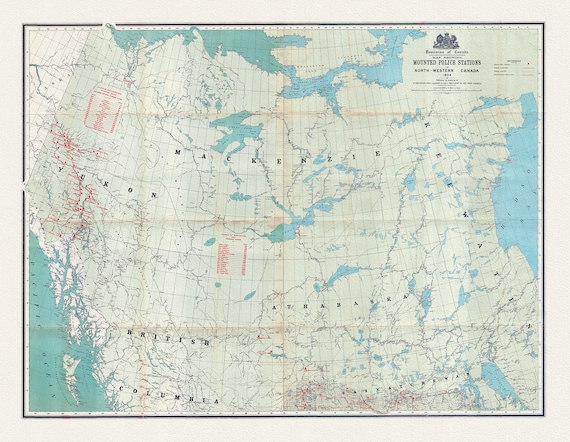 Map showing Mounted Police stations in North-Western Canada, 1904 , map on heavy cotton canvas, 22x27" approx.