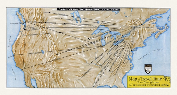 Map of Travel Time To and From Europe Via the Shorter St. Lawrence Seaway, 1938 Ver. 1 , map on cotton canvas, 50 x 70 cm, 20 x 25" approx.