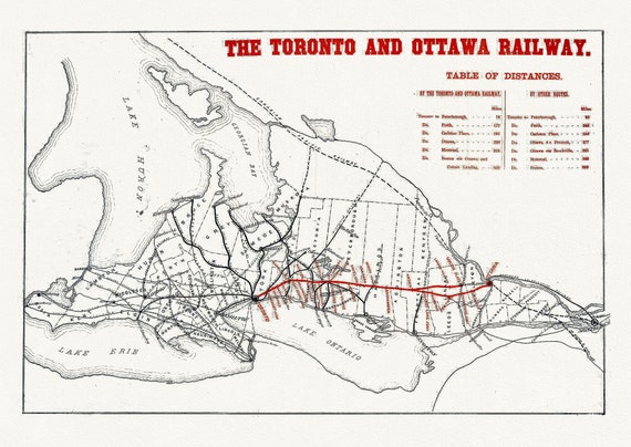The Toronto and Ottawa Railway, Ontario, map on durable cotton canvas, 50 x 70 cm or 20x25" approx.