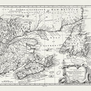 Eine neue & genaue Landkarte von Neufundland, Cape Breton, St. John und Anticosta, mit Nova Scotia, Kanada, 1752, auf Leinwand, 20 x 25" ca.