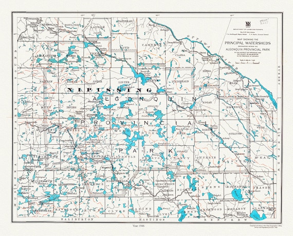 Algonquin Provincial Park, Principal Watersheds, 1946 , map on heavy cotton canvas, 45 x 65 cm, 18 x 24" approx.