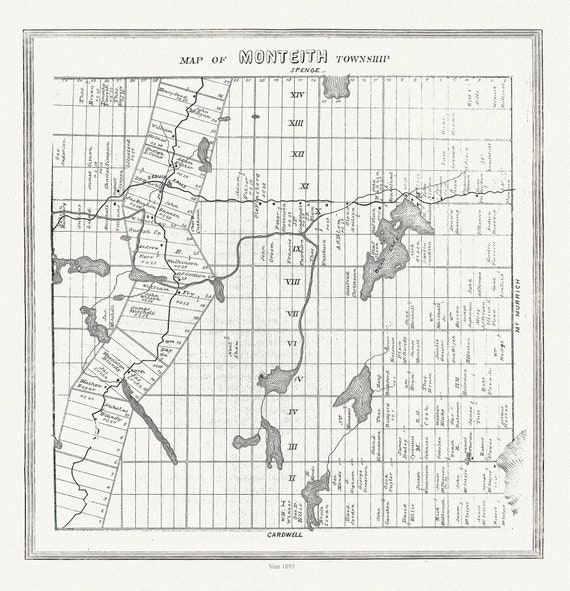 Muskoka-Haliburton, Monteith Township, 1893 , map on heavy cotton canvas, 20 x 25" approx.