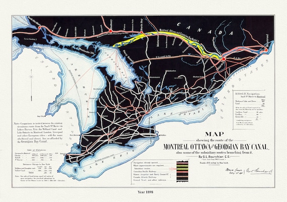 Map shewing the route of the Montreal, Ottawa and Georgian Bay Canal, also subsidiary routes, 1898, on canvas, 50 x 70 cm, 20 x 25" approx.