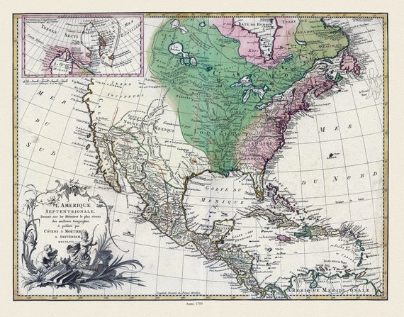 Covens et Mortier, L'Amérique septentrionale, 1759, map on heavy cotton canvas, 22x27" approx.