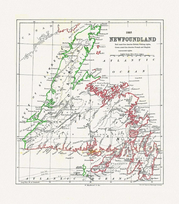 Newfoundland: A Comparison of British and French Fishing rights, Johnston auth., 1885  ,on heavy cotton canvas, 50 x 70 cm, 20 x 25" approx.