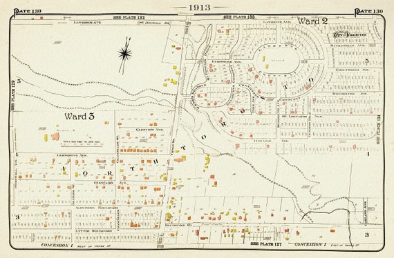 Plate 130, Toronto North, Lawrence Park, 1913, map on heavy cotton canvas, 20 x 30" or 50 x 75cm. approx.