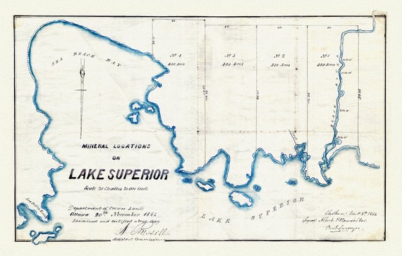 Mineral Locations on Lake Superior, 1864  , map on heavy cotton canvas, 50 x 70 cm, 20 x 25" approx.