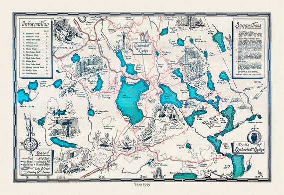 Trails of Limberlost Lodge,Haliburton, Ontario, 1939, Map on heavy cotton canvas, 22x27" approx.