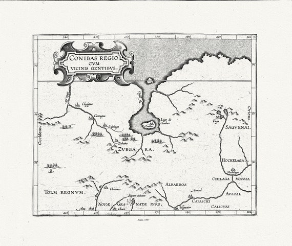 Wytfliet, Corneille, Conibas regio cum vicinis gentibus, (Central Canada), 1597, map on heavy cotton canvas, 22x27" approx.