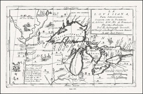 Coronelli, La Louisiana, Parte Settentrionalle, Scoperta sotto Protettione di Luigi XIV, Re di Francia, 1691, cotton canvas, 22x27" approx.