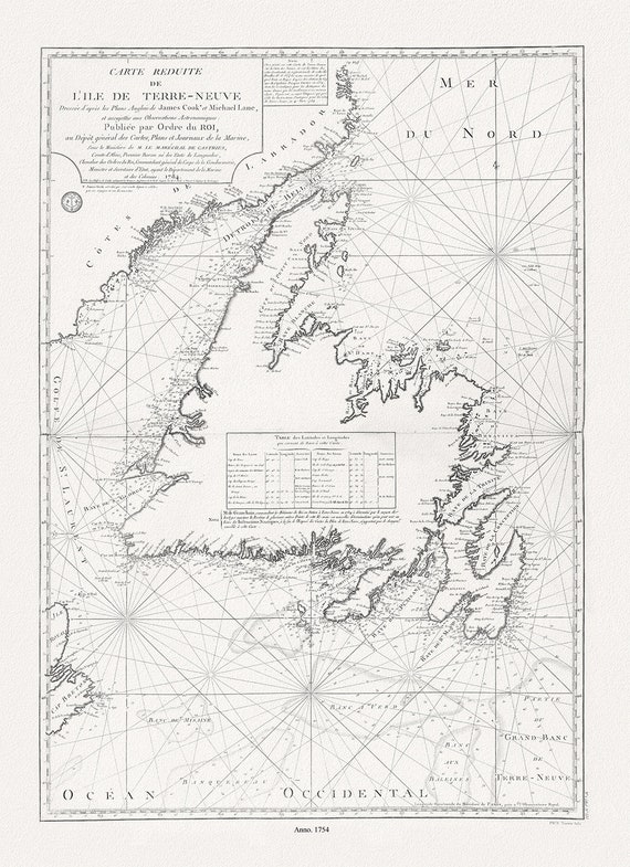 Isle de Terre-Neuve, Lane et Cook, 1784 , map on heavy cotton canvas, 50 x 70 cm, 20 x 25" approx.