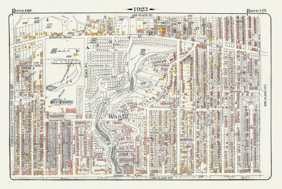 Plate 108, Toronto East, Beach North of Queen St. &  Pine Avenue, 1923, Map on heavy cotton canvas, 18x27in. approx.