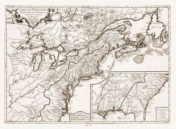 Longchamps et Thevenard, Carte des possessions françoises et angloises , et partie de la Louisiane, 1756 Ver. D, on canvas, 20x25"