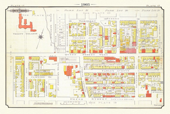 Plate 17, Toronto West, Parkdale & Trinity College, 1903, map on heavy cotton canvas, 20 x 30", 50 x 76cm, approx.