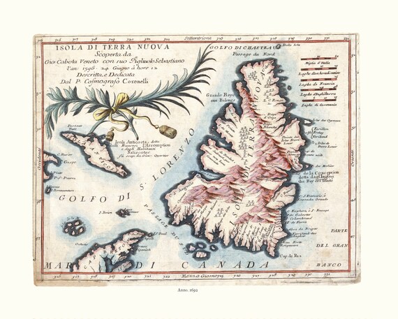 Map of Newfoundland, Canada, Author Coronelli, 1692, on Heavy  clear coated natural cotton canvas, 20x24" approx.