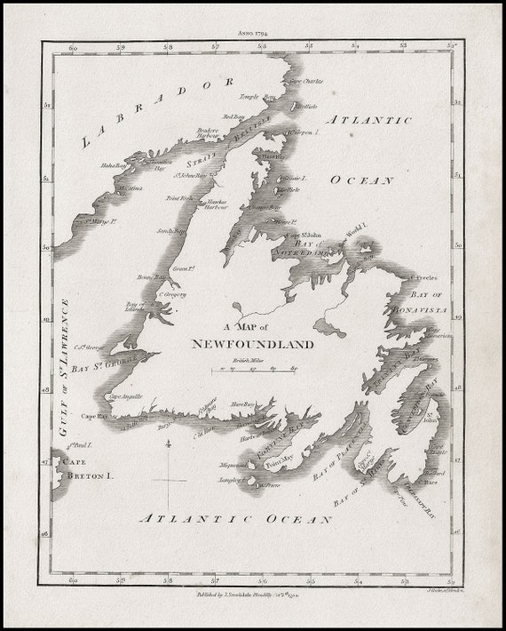 A Map of Newfoundland, Stockdale auth., 1794, map on heavy cotton canvas, 50 x 70 cm, 20 x 25" approx.