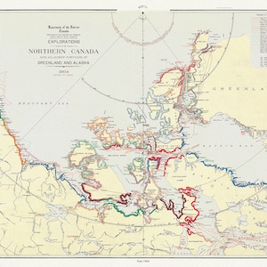 Explorations dans le nord du Canada et les parties adjacentes du Groenland et de l'Alaska, 1904 Ver. II , carte sur toile de coton épais, 22x27" environ.