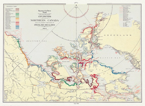 Explorations in northern Canada and adjacent portions of Greenland and Alaska, 1904 Ver. II , map on heavy cotton canvas, 22x27" approx.