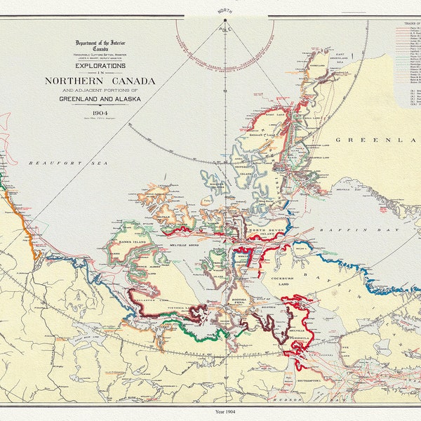 Exploraciones en el norte de Canadá y partes adyacentes de Groenlandia y Alaska, 1904 Ver. II, mapa sobre lona gruesa de algodón, 22x27" aprox.