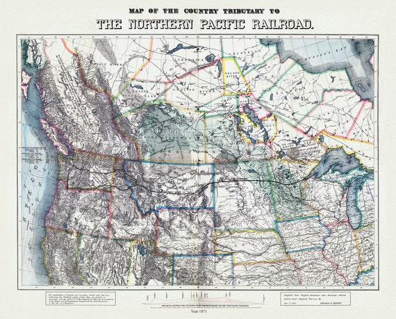 Northern Pacific Railroad, compiled from English, Canadian, and American sources, 1871, map on heavy cotton canvas, 22x27" approx.
