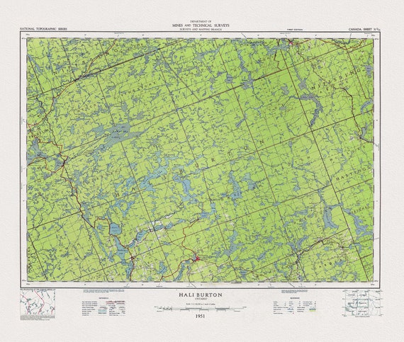 Topographical Map of Haliburton, Ontario, 1951, on heavy cotton canvas, 22x27" approx.