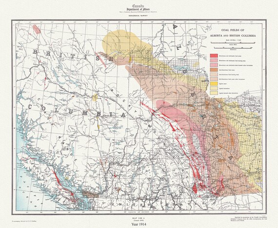 Coal fields of Alberta and British Columbia, 1914, map on durable cotton canvas, 50 x 70 cm, 20 x 25" approx.