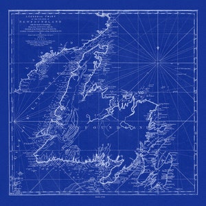 Um mapa geral da ilha de Terra Nova, 1776,Jefferys, auth., Cianótipo, mapa em tela de algodão durável, 50 x 70 cm, 20 x 25" aprox.