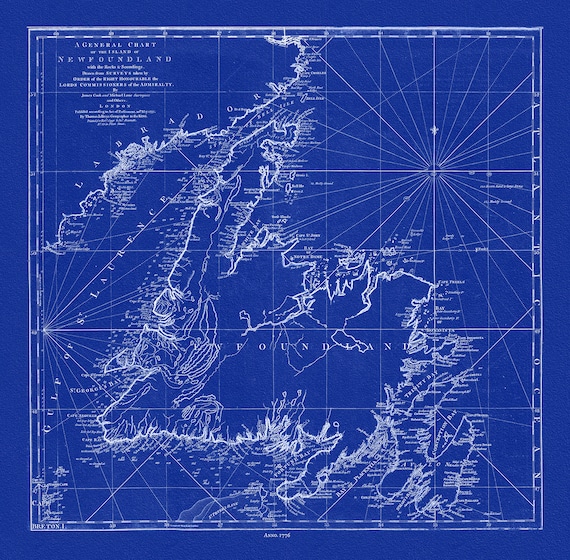 A General Chart Of The Island Of Newfoundland, 1776,Jefferys, auth., Cyanotype, map on durable cotton canvas, 50 x 70 cm, 20 x 25" approx.