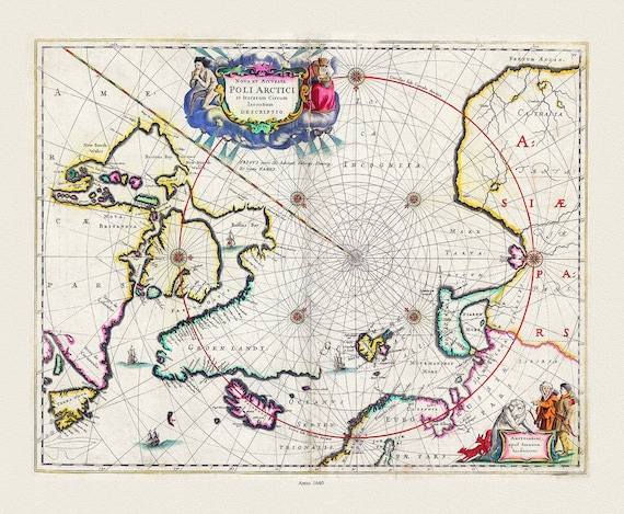 Jansson, Nova et Accurata Poli Arctici et terrarum Circum Iacentium Descriptio, 1650 Ver. II, Map on to heavy cotton canvas, 22x27in.