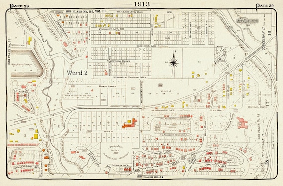 Plate 39 Toronto Uptown East, Rosedale North, Moore Park, 1913, map on heavy cotton canvas, 20 x 30" approx.