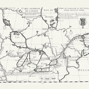 Carte générale de Canada, Lahotan auth., 1706, carte sur toile de coton lourde, 50 x 70 cm, 20 x 25 » env.