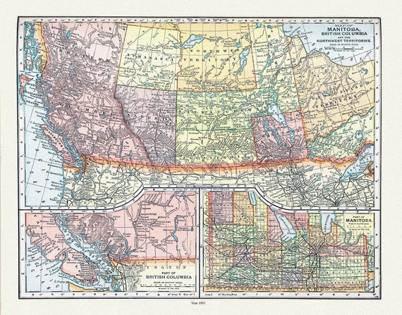 Appleton, Map of Manitoba, British Columbia and the Northwest Territories, 1891 , map on heavy cotton canvas, 22x27" approx.