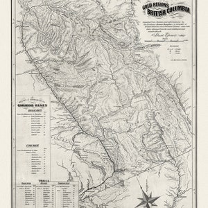 Mapa regionów złota w Kolumbii Brytyjskiej, 1862, na grubym płótnie bawełnianym, ok. 22x27.