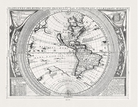 Coronelli, Planisfero del Mondo Nuovo, 1693, map on durable cotton canvas, 50 x 70 cm, 20 x 25" approx.