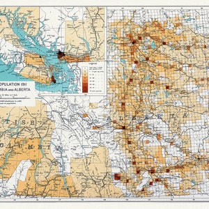 Canada Department of the Interior, Density of population 1911, British Columbia and Alberta, 1915, on heavy cotton canvas, 22x27" approx.