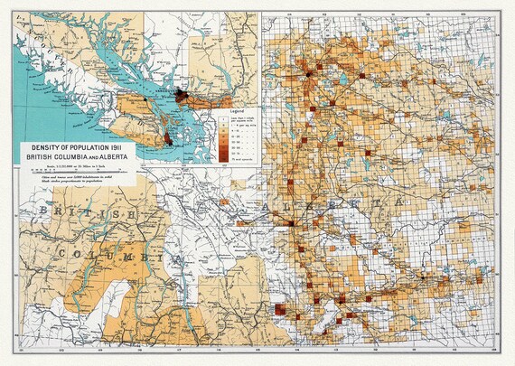 Canada Department of the Interior, Density of population 1911, British Columbia and Alberta, 1915, on heavy cotton canvas, 22x27" approx.