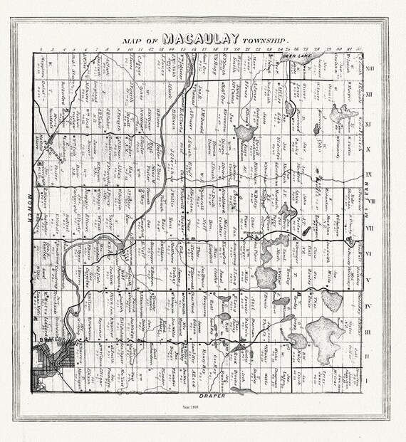 Muskoka-Haliburton, Macauley Township, 1893, map on heavy cotton canvas, 20 x 25" approx.