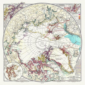 Die Nordpol Region, National Geographic Society, 1907, Karte auf schwerer Baumwollleinwand, 50 x 70 cm, 20 x 25" ca.