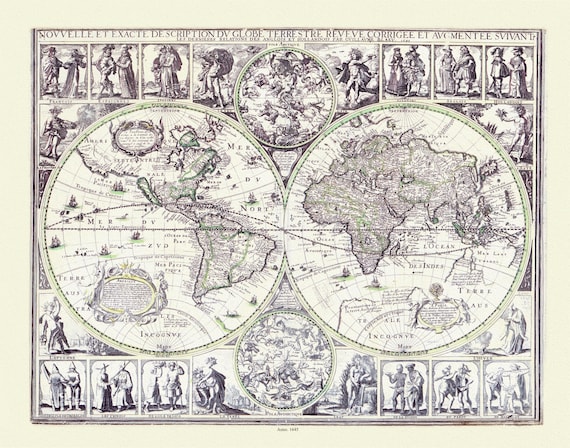 Blaue, Nouvelle et Exacte description du Globe Terrestre, 1645, Map on heavy cotton canvas, 22x27in. approx.