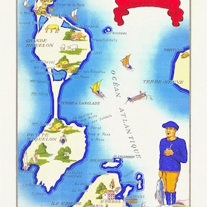 São Pedro e Miquelon, 1943, mapa em tela de algodão durável, 50 x 70 cm, 20 x 25" aprox.
