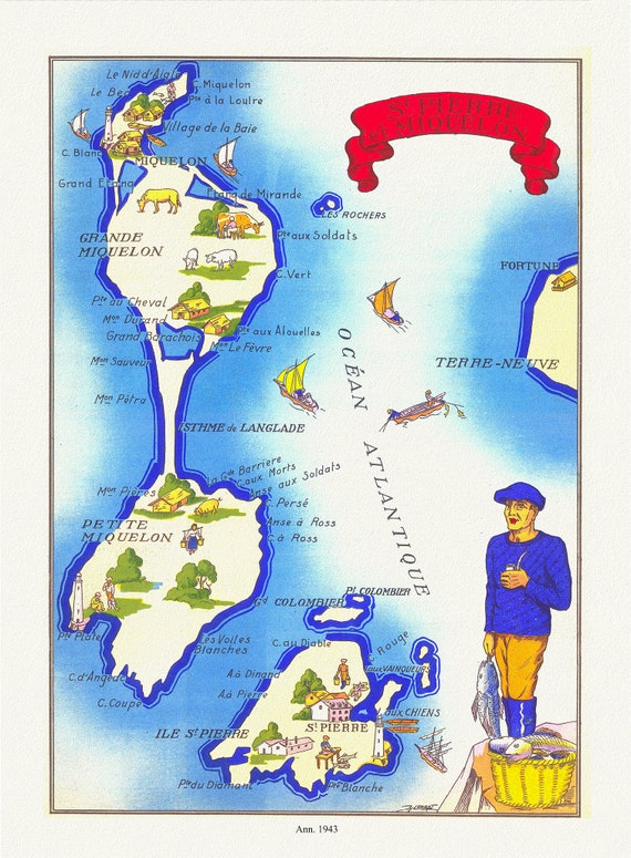 St Pierre et Miquelon, 1943, map on durable cotton canvas, 50 x 70 cm, 20 x 25" approx.